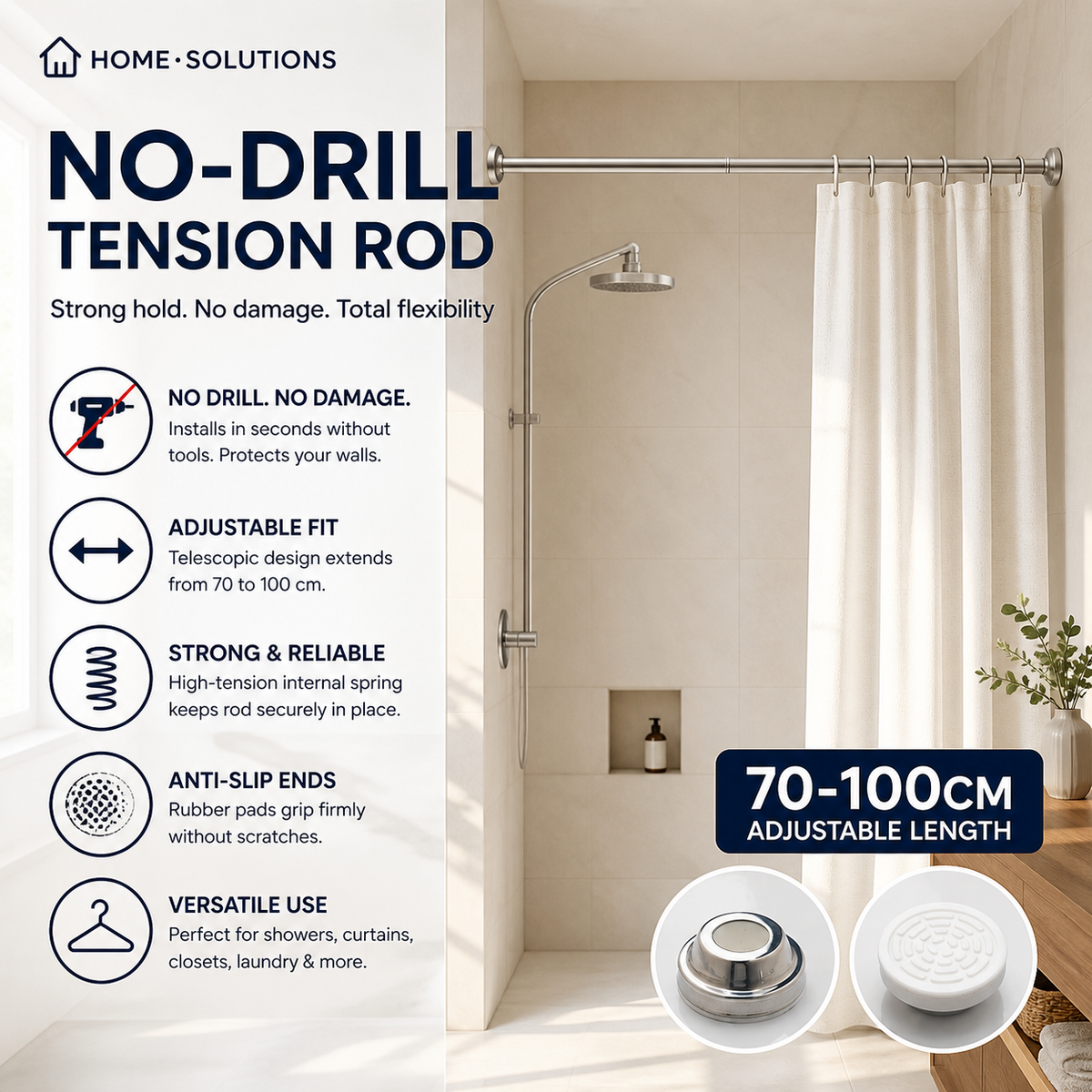🥳2026 HOT SALE🥳💞50K+ SOLD! 🛁🔧 Adjustable Tension Rod – no drills, no screws, no wall damage! Strong internal spring holds up to 15KG. Fits 70-292cm – perfect for showers, curtains & windows! 🏠✅