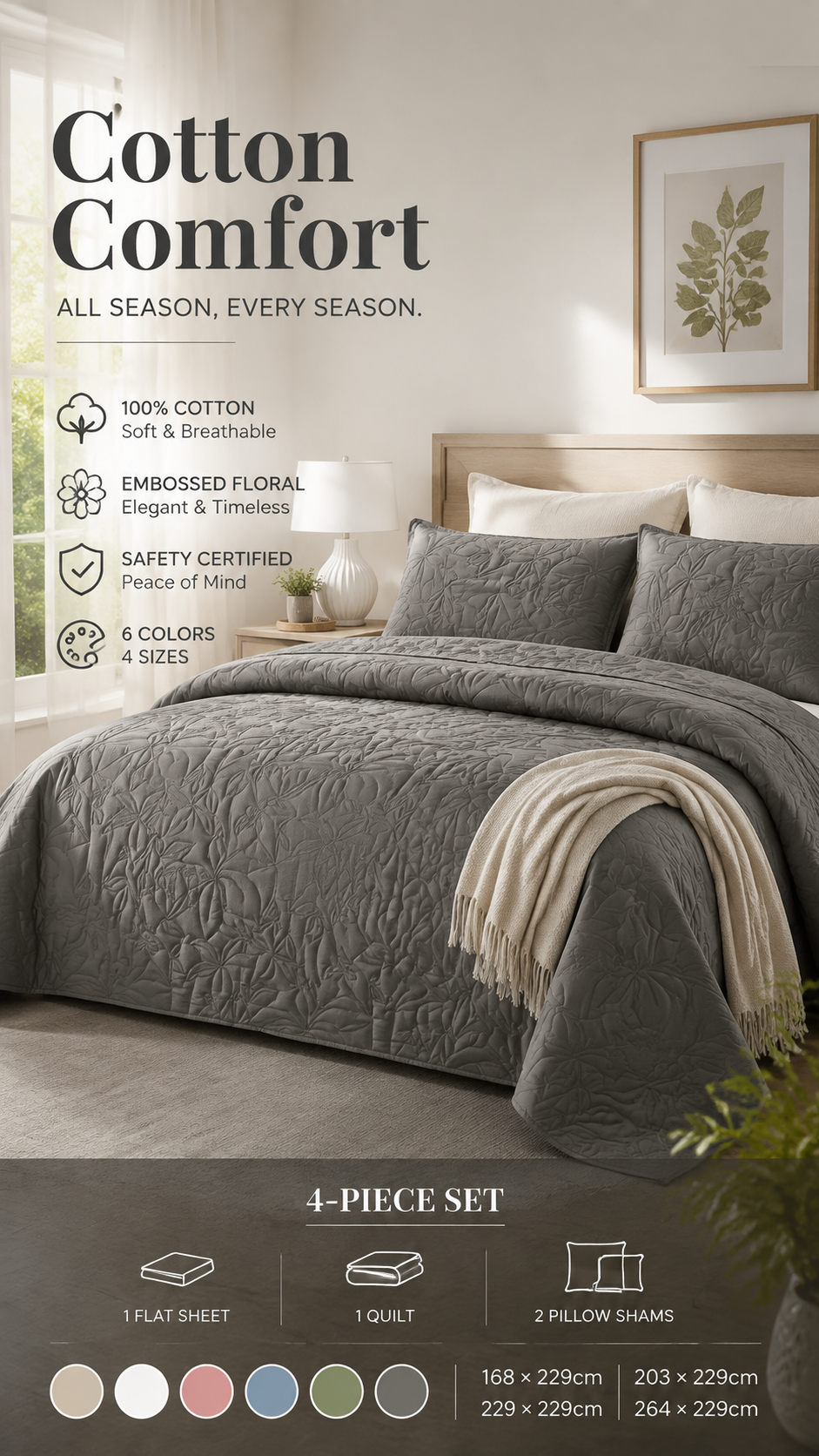 🥳2026 HOT SALE🥳💞50K+ SOLD! 🛏️✨ 50% OFF! 100% Cotton Bedding 4-Piece Set – embossed floral pattern, breathable & certified safe. Duvet cover, sheet & 2 pillowcases. Cosy all year round! 🛡️💚