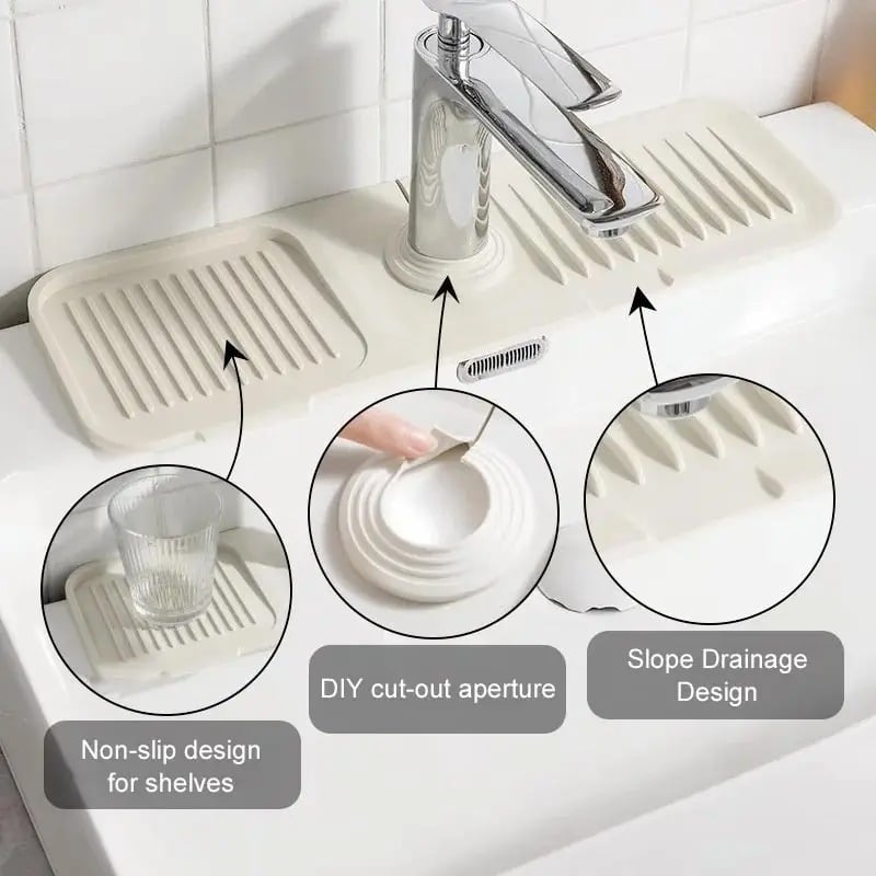 🥳2026 HOT SALE🥳💞50K+ SOLD! 💦🚰 Faucet Splash Guard & Draining Mat – stops water splashing on countertops. 5° slope drains instantly, keeps sink area dry & mould-free. Fits most faucets! 🧼✅