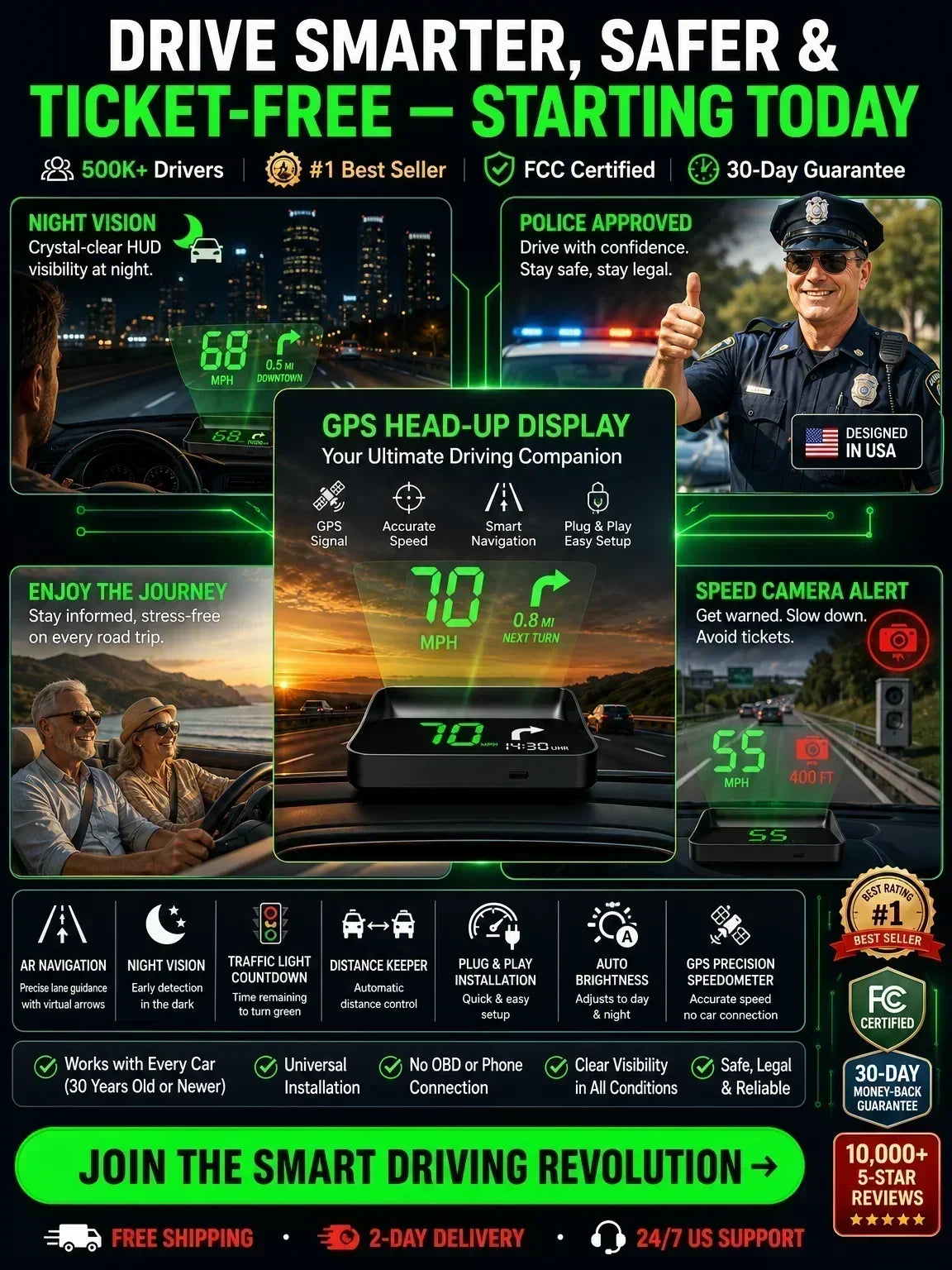 🥳2026 HOT SALE🥳💞50K+ SOLD!🚗⚡ 50% OFF! HUD Car GPS Speedometer – Traffic light countdown & red light camera alerts. Speed & direction on windscreen – no more looking down! 🛡️✨