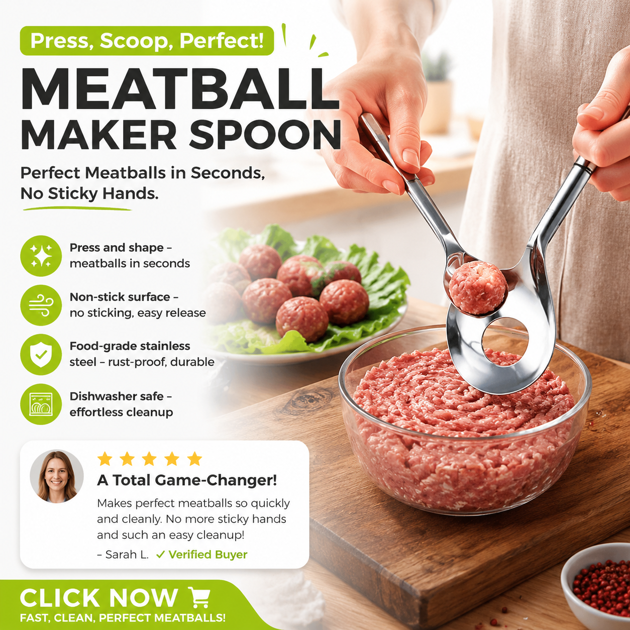 🥳2026 HOT SALE🥳💞50K+ SOLD! 🥩🍴 BUY 1 GET 1 FREE + 50% OFF! Meatball Spoon – Non‑stick, scoop & drain in one. No more messy hands – perfect meatballs in seconds! Only £6.99 – a must‑have kitchen gadget! 🎁✨