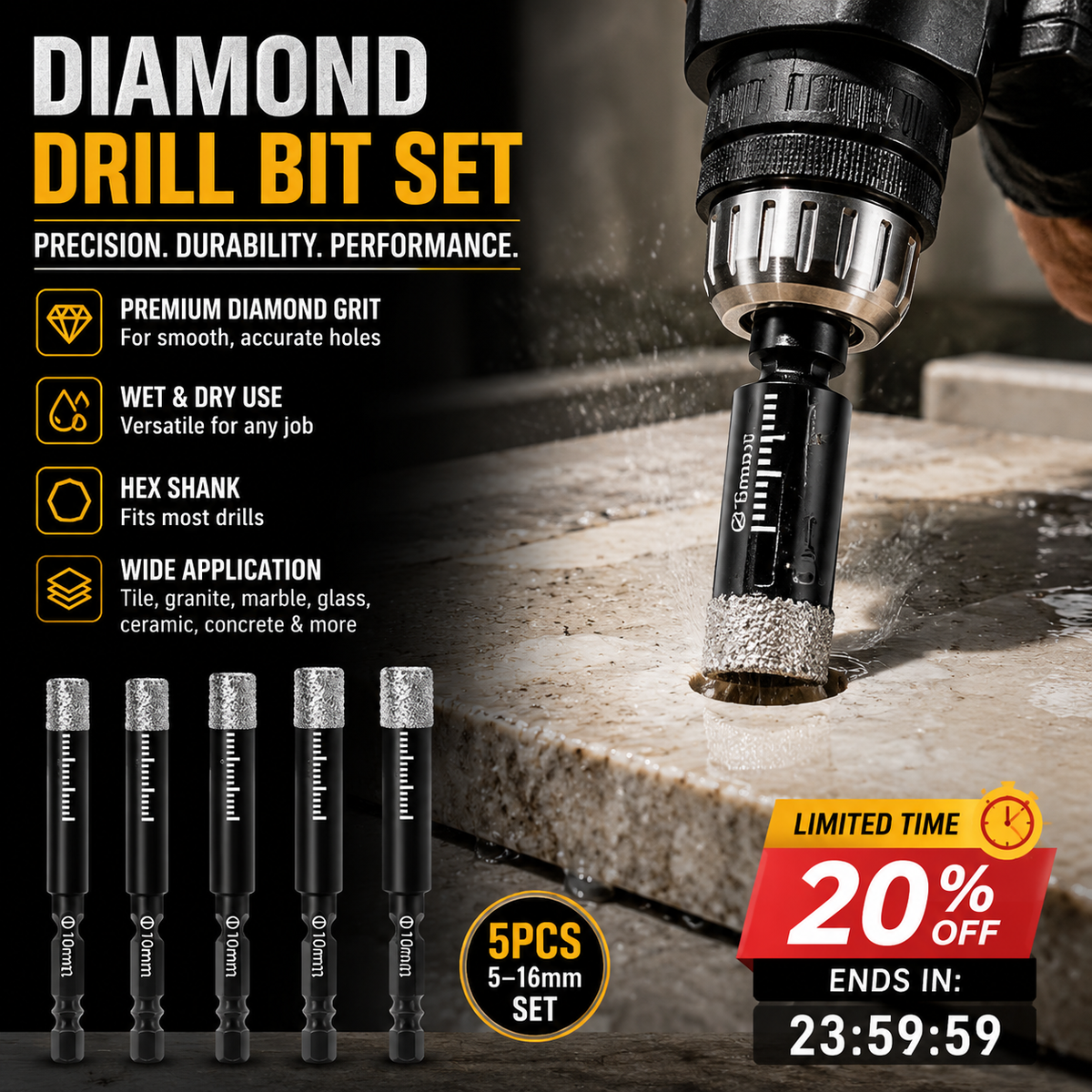 🥳2026 HOT SALE🥳💞50K+ SOLD! 💎🔧 50% OFF! Diamond Drill Bits Set – 5-16mm hex shank, dry/wet use. Cuts clean precision holes in tile, glass, granite & marble without chipping! 🛡️💪