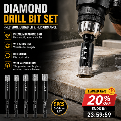 🥳2026 HOT SALE🥳💞50K+ SOLD! 💎🔧 50% OFF! Diamond Drill Bits Set – 5-16mm hex shank, dry/wet use. Cuts clean precision holes in tile, glass, granite & marble without chipping! 🛡️💪
