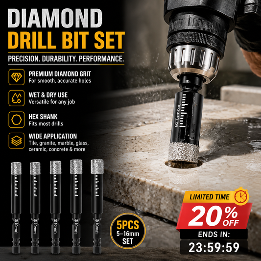 🥳2026 HOT SALE🥳💞50K+ SOLD! 💎🔧 50% OFF! Diamond Drill Bits Set – 5-16mm hex shank, dry/wet use. Cuts clean precision holes in tile, glass, granite & marble without chipping! 🛡️💪