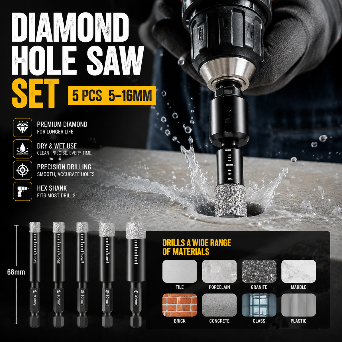 🥳2026 HOT SALE🥳💞50K+ SOLD! 💎🔧 50% OFF! Diamond Drill Bits Set – 5-16mm hex shank, dry/wet use. Cuts clean precision holes in tile, glass, granite & marble without chipping! 🛡️💪