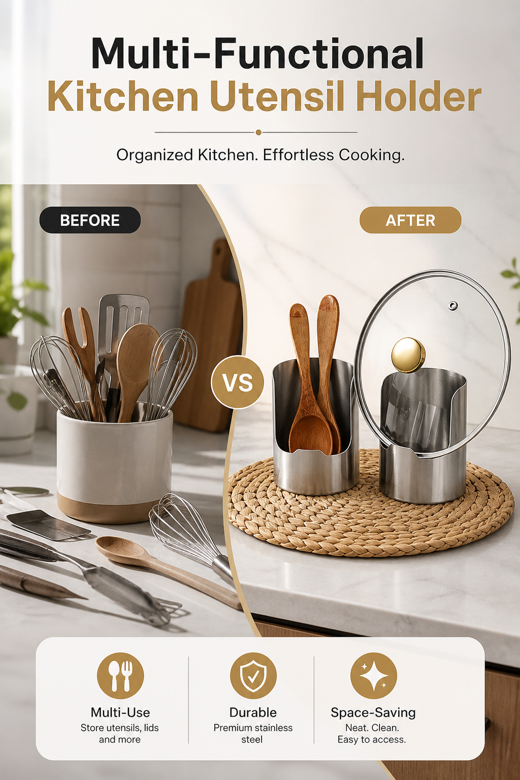 🥳2026 HOT SALE🥳💞50K+ SOLD! 🍳🧺 50% OFF! Kitchen Utensil Holder – holds pot lids, spatulas & cutting boards upright. Thickened stainless steel – stable, no tipping. Saves counter space – no more messy worktops! ✨🏠
