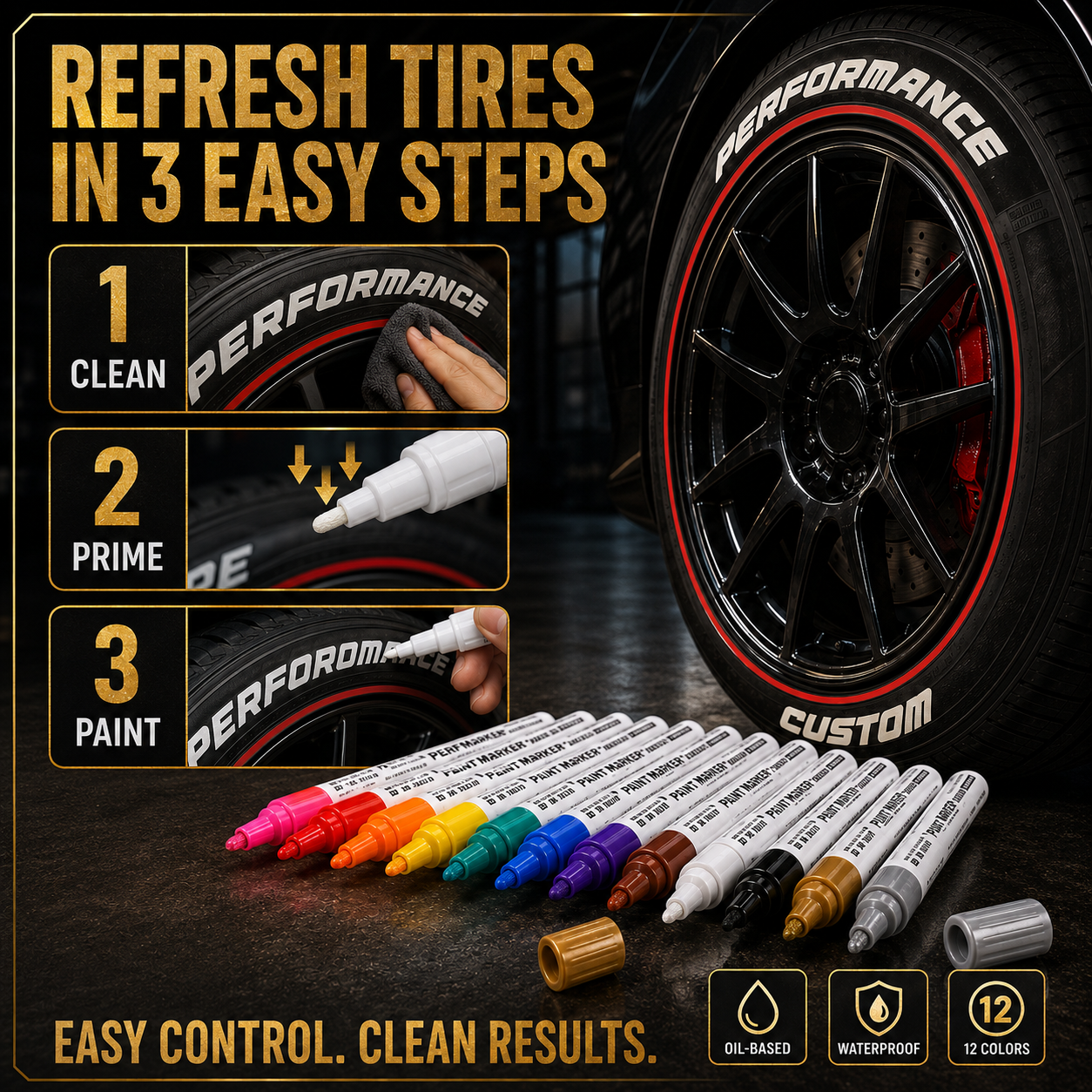 🥳2026 HOT SALE🥳💞50K+ SOLD! ✏️🔧 50% OFF! Oil-Based Waterproof Tire Marker Pen – 12 vibrant colors, waterproof & fade‑resistant. Perfect for tires, metal, glass & DIY crafts – bold marks that last! 🎨🚗