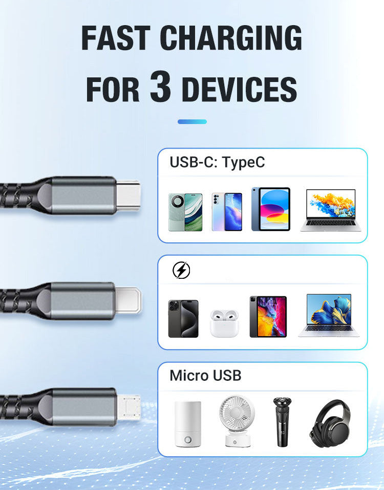 🎅Christmas Pre-sale ✨ Transparent Luminous 3-in-1 Fast Charging Cable - USB-C/Micro-USB with LED Power Indicator & Nylon Braiding 📱💫