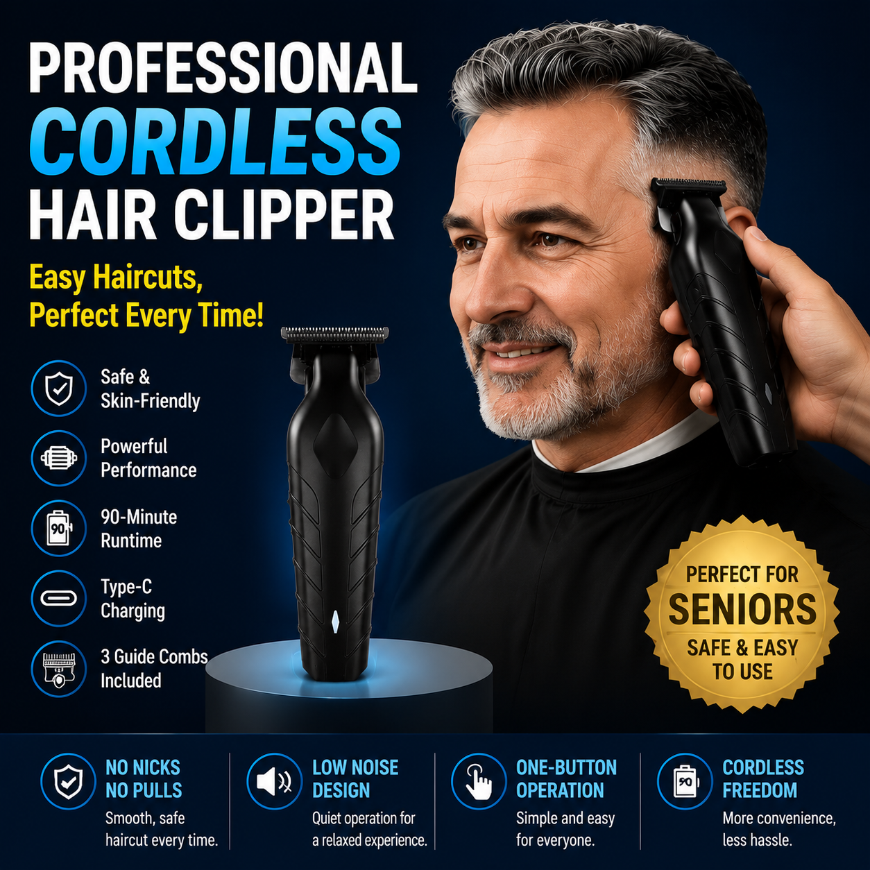 🥳2026 HOT SALE🥳💞50K+ SOLD!✂️🔇 50% OFF! Professional Cordless Hair Clipper – R‑shaped safety blade, no nicks. 90min cordless use, 2‑speed motor. Type‑C charging. Perfect for DIY home cuts. A confident, safe choice for seniors. 🧔✨