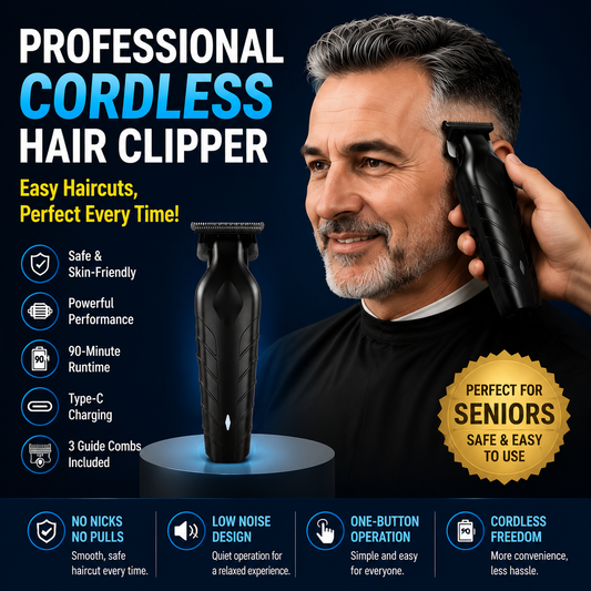 🥳2026 HOT SALE🥳💞50K+ SOLD!✂️🔇 50% OFF! Professional Cordless Hair Clipper – R‑shaped safety blade, no nicks. 90min cordless use, 2‑speed motor. Type‑C charging. Perfect for DIY home cuts. A confident, safe choice for seniors. 🧔✨