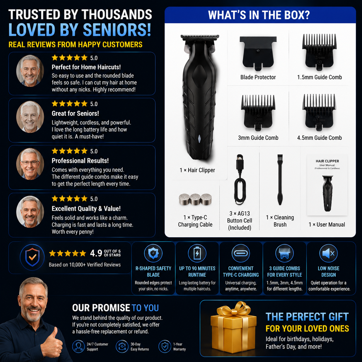 🥳2026 HOT SALE🥳💞50K+ SOLD!✂️🔇 50% OFF! Professional Cordless Hair Clipper – R‑shaped safety blade, no nicks. 90min cordless use, 2‑speed motor. Type‑C charging. Perfect for DIY home cuts. A confident, safe choice for seniors. 🧔✨