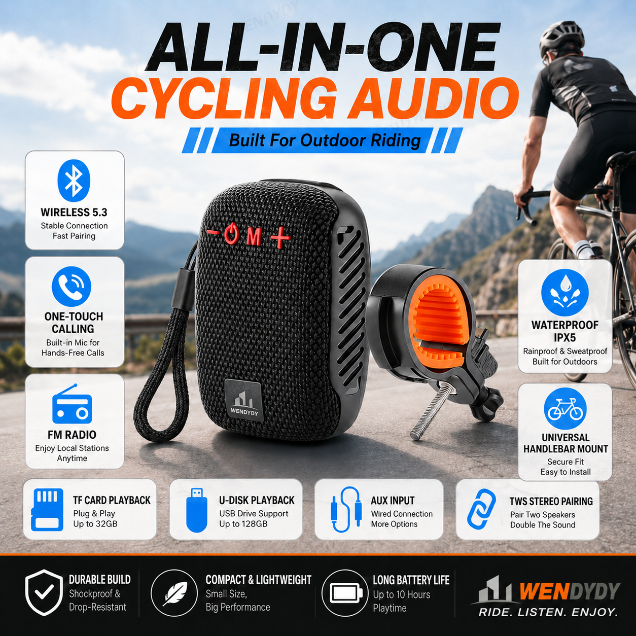 🥳2026 HOT SALE🥳💞50K+ SOLD!🚴‍♂️🎵 50% OFF! Waterproof Bike Bluetooth Speaker – IPX5, TWS stereo, hands‑free calls. Secure mount, 70m range. Ride with beats! 🔊✨