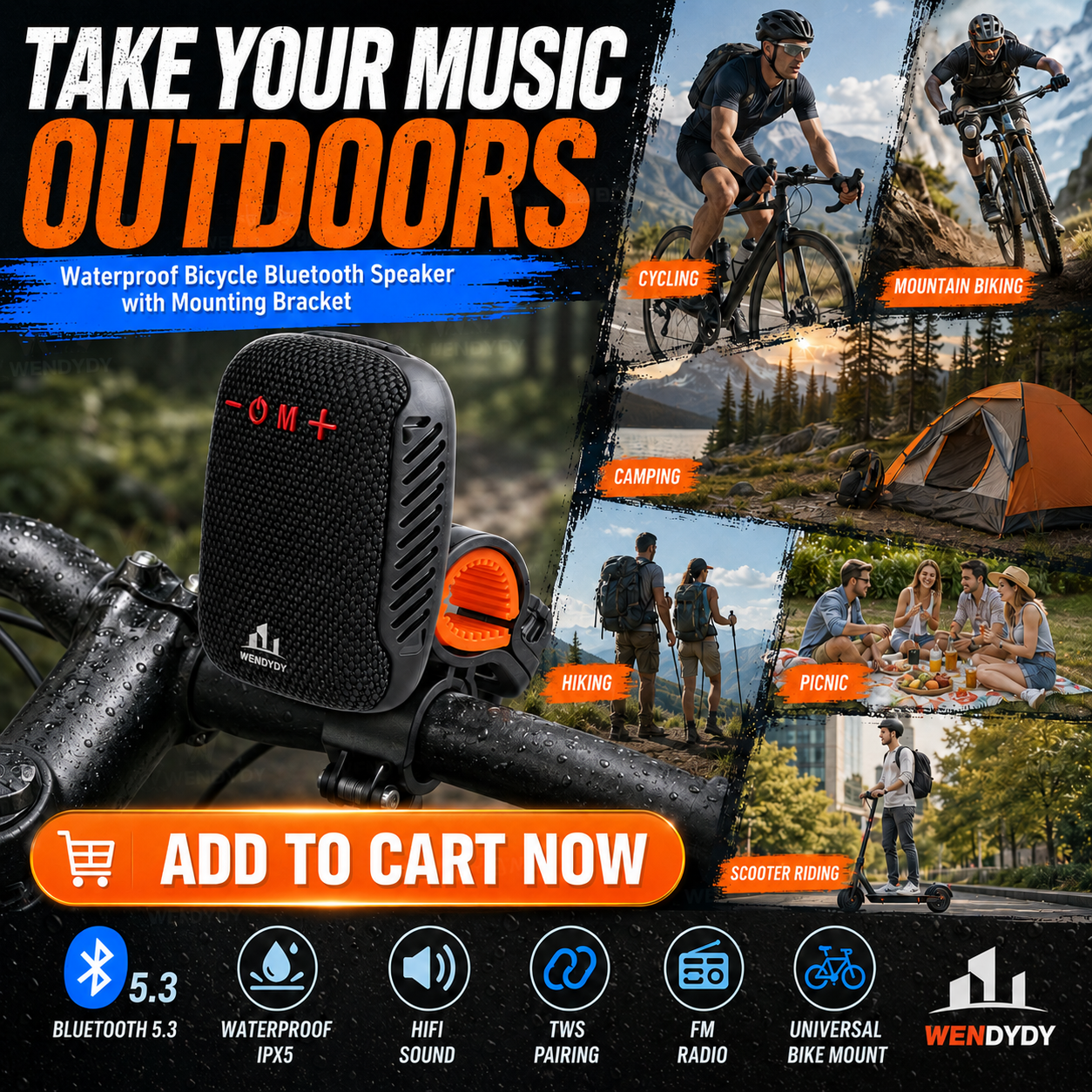 🥳2026 HOT SALE🥳💞50K+ SOLD!🚴‍♂️🎵 50% OFF! Waterproof Bike Bluetooth Speaker – IPX5, TWS stereo, hands‑free calls. Secure mount, 70m range. Ride with beats! 🔊✨