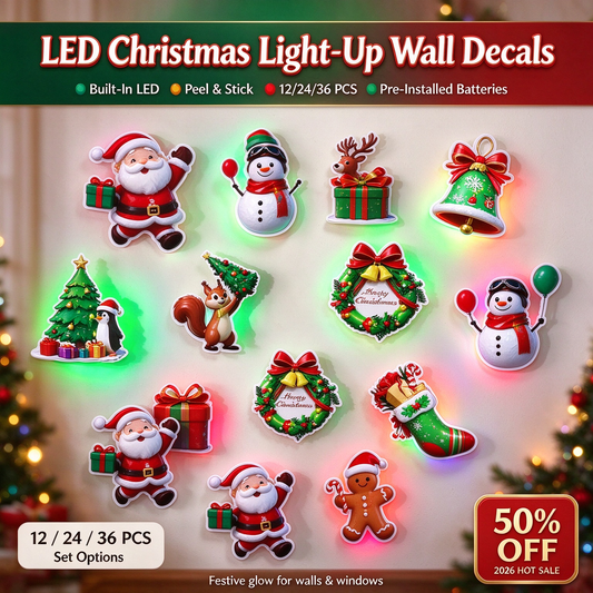 🥳2026 HOT SALE🥳💞50K+ SOLD! 🎄✨ 50% OFF! LED Christmas Light-Up Wall Decals – built-in LED, pre-installed batteries, 12/24/36pcs. Peel & stick festive glow for walls & windows! 🎅💡