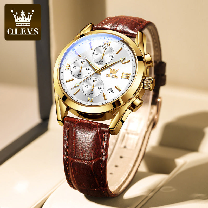 🥳2026 HOT SALE🥳💞50K+ SOLD!⌚💼 50% OFF! OLEVS Chronograph Watch – Triple‑eye, six‑hand. Genuine leather, casual elegance. Precise & reliable. 🕰️✨