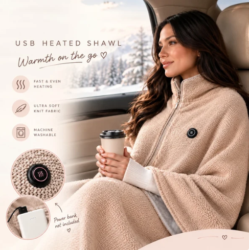 🥳2026 HOT SALE🥳💞50K+ SOLD! 🔥❄️ Christmas Sale 50% OFF! Portable Soft Zipper Electric Heated Blanket Shawl – fast heating, 3 heat levels, USB powered & washable. Stay warm anywhere! ☀️💪