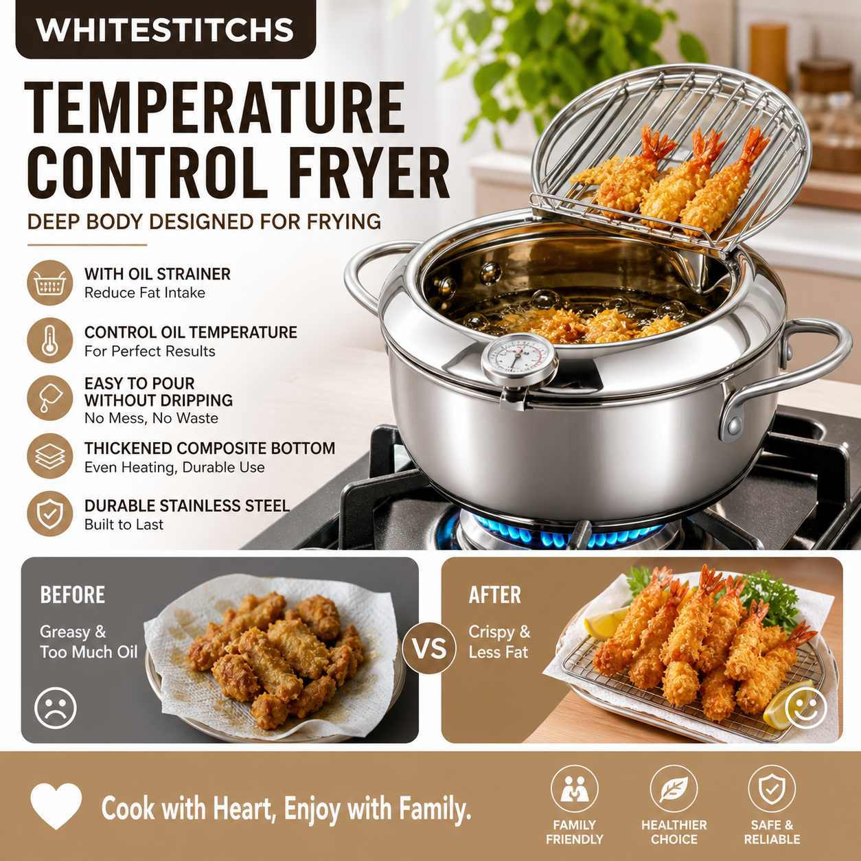 🥳2026 HOT SALE🥳💞50K+ SOLD! 🍤🔥 50% OFF! 201 Stainless Steel Tempura Fryer – Thermometer for precise oil control, removable drain rack reduces fat. Deep body, even heating – perfect crispy results every time! 🍟✨