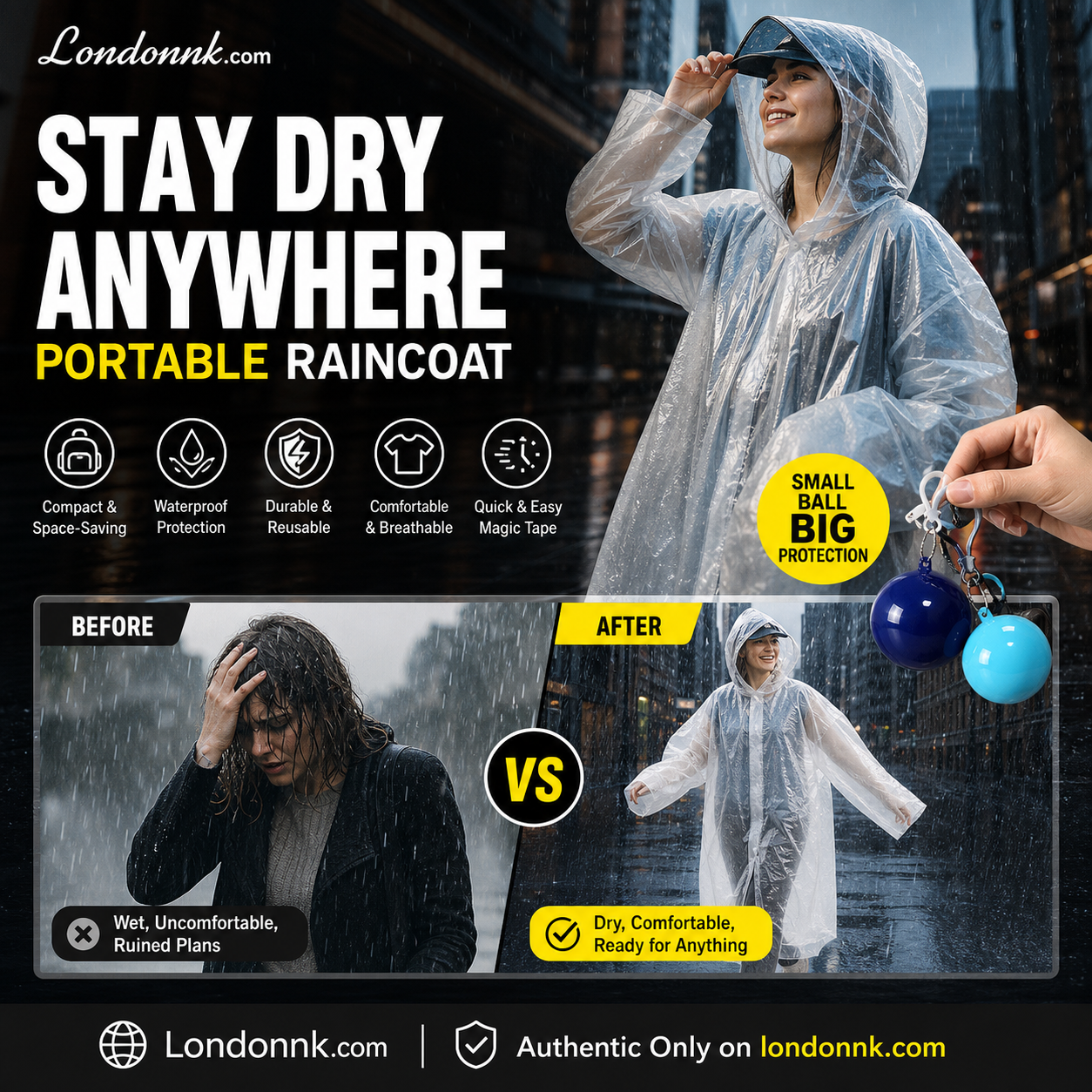 🥳2026 HOT SALE🥳💞50K+ SOLD! ☔🎁 BUY 1 GET 1 FREE! Mini Ball Shape Disposable Raincoat – From £6.99! Ultra‑compact ball packaging fits in any bag, purse or glove box. Waterproof & easy to use – always ready for sudden showers! 🌧️✨