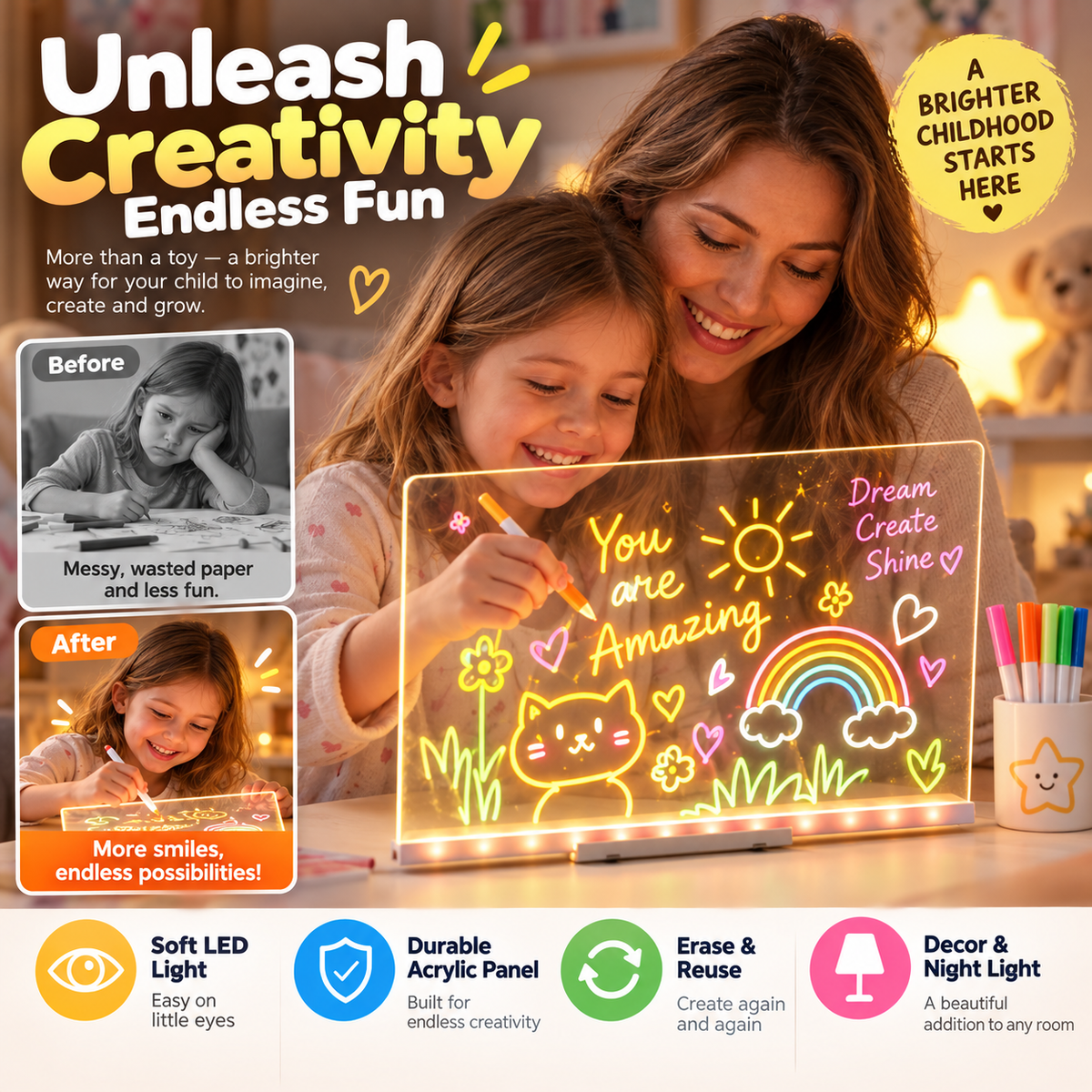 🥳2026 HOT SALE🥳💞50K+ SOLD! 🎨✨ 50% OFF! Kids DIY Illuminated Erasable Drawing Board – soft LED, reusable acrylic, doubles as night light. Endless creative fun! 🛡️💚