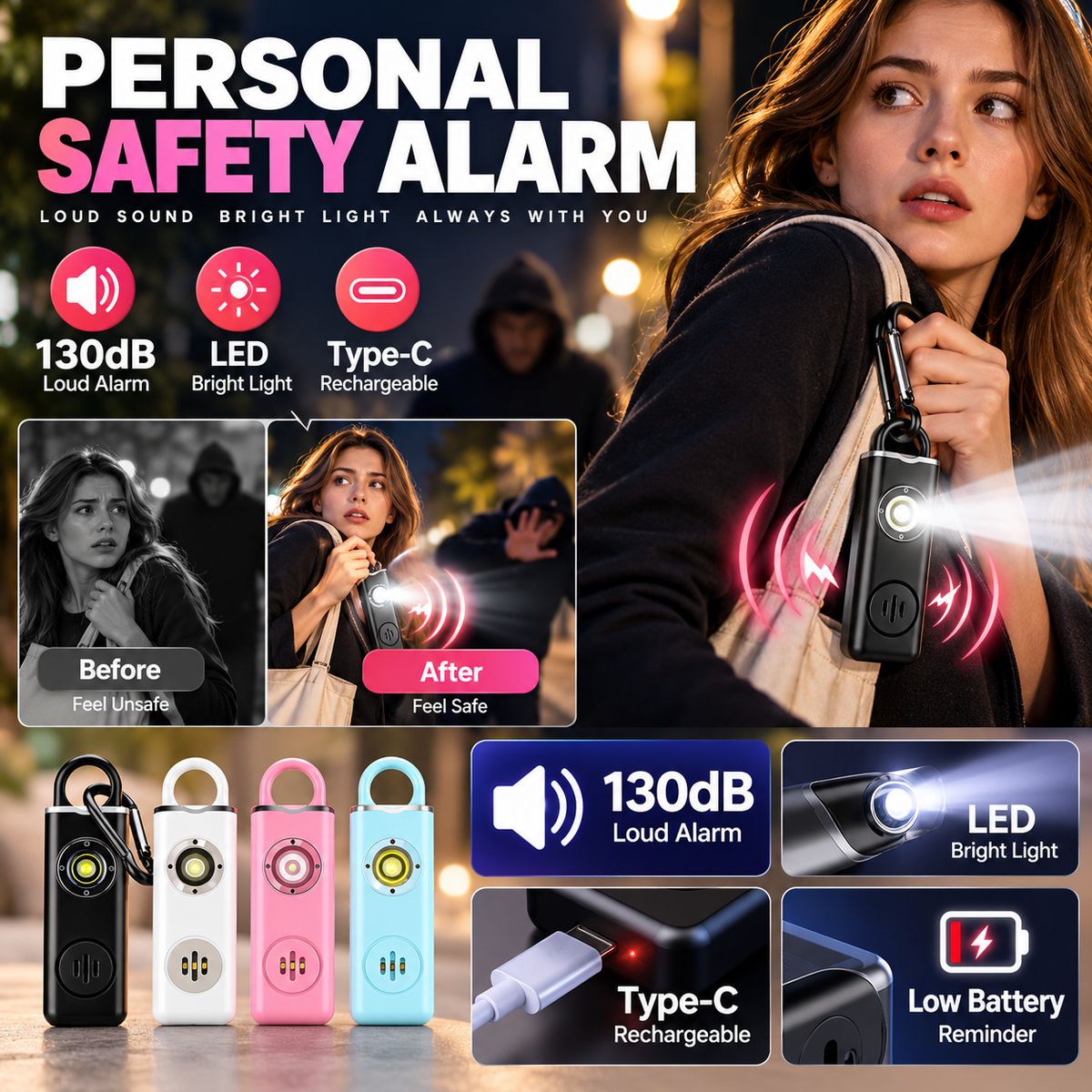 🥳2026 HOT SALE🥳💞50K+ SOLD! 🚨🛡️ 50% OFF! Personal Safety Alarm for Women – 130dB loud SOS, Type-C rechargeable, LED flashlight & strobe. Compact protection for women, elderly & children! 🔋✅