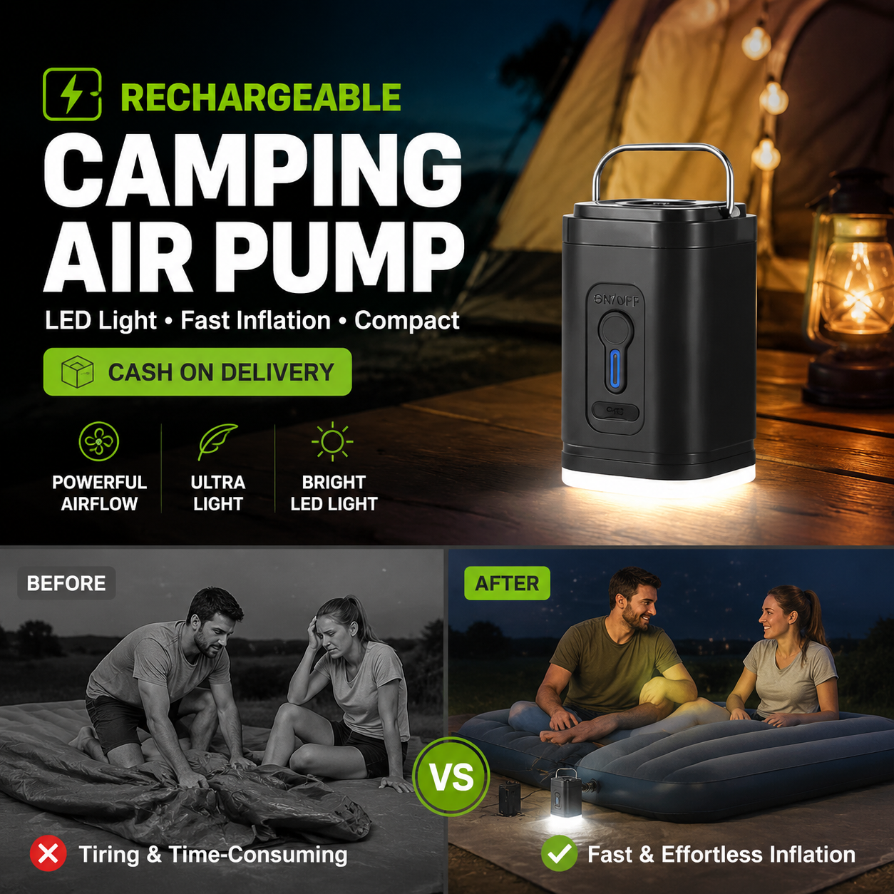 🥳2026 HOT SALE🥳💞50K+ SOLD!🏕️🔋 50% OFF! Rechargeable Camping Air Pump – Fast inflate/deflate, LED light, 5 nozzles. Compact & lightweight. Set up camp in minutes! 💨✨