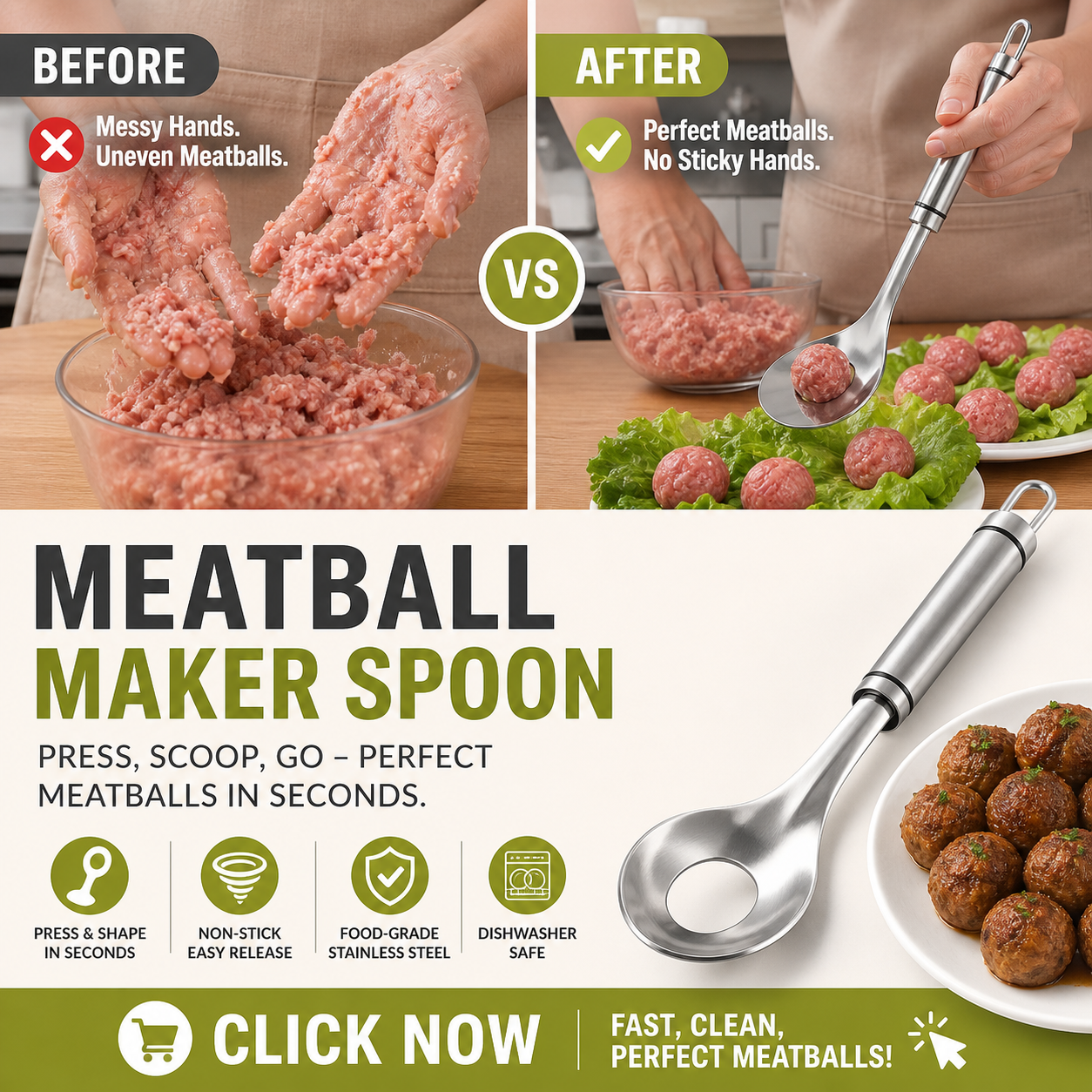 🥳2026 HOT SALE🥳💞50K+ SOLD! 🥩🍴 BUY 1 GET 1 FREE + 50% OFF! Meatball Spoon – Non‑stick, scoop & drain in one. No more messy hands – perfect meatballs in seconds! Only £6.99 – a must‑have kitchen gadget! 🎁✨