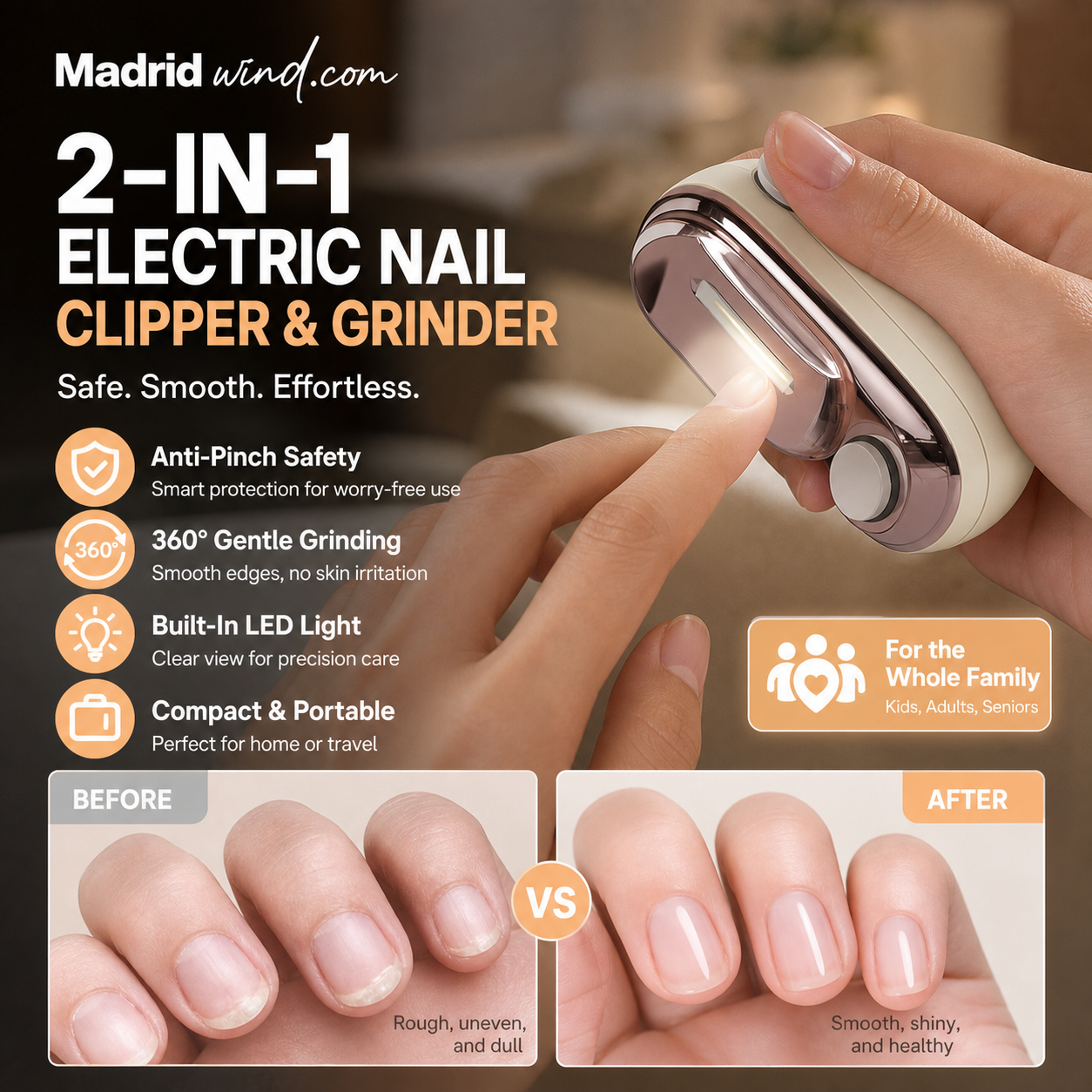 🥳2026 HOT SALE🥳💞50K+ SOLD!💅🛡️ 50% OFF! 2‑in‑1 Electric Nail Clipper & Polisher – Anti‑pinch safety stops on contact. LED light for clear view – safe for kids & seniors! ✨👵
