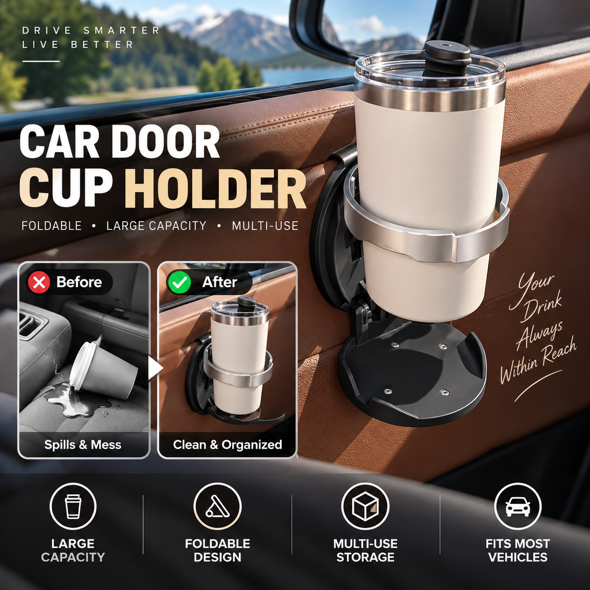 🥳2026 HOT SALE🥳💞50K+ SOLD! 🚗🥤 Foldable Car Door Cup Holder – adds extra drink space without cluttering your cabin. Folds flat when not in use, clip-on install – no drilling! Faux-leather finish fits right in! ✨💪