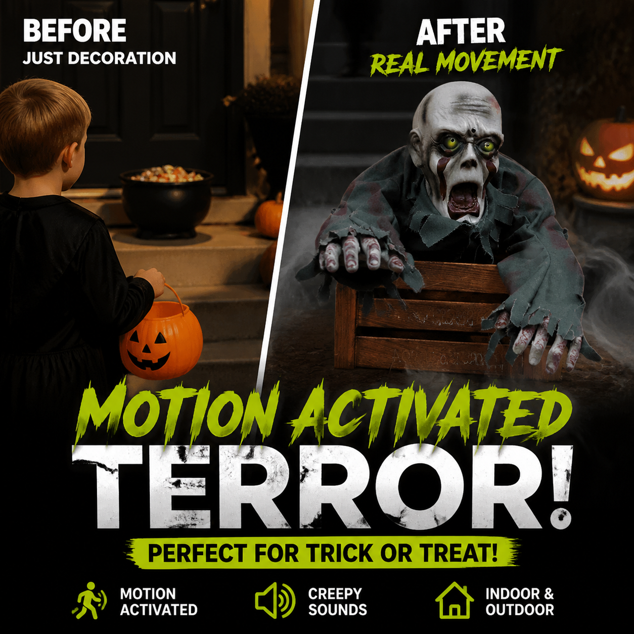 🥳2026 HOT SALE🥳💞50K+ SOLD! 👻🔊 50% OFF! Halloween Crawling Ghost Prop – Motion‑activated, spooky sounds & glowing eyes. 110cm realistic zombie – perfect for yard, graveyard & party scenes! 🎃✨