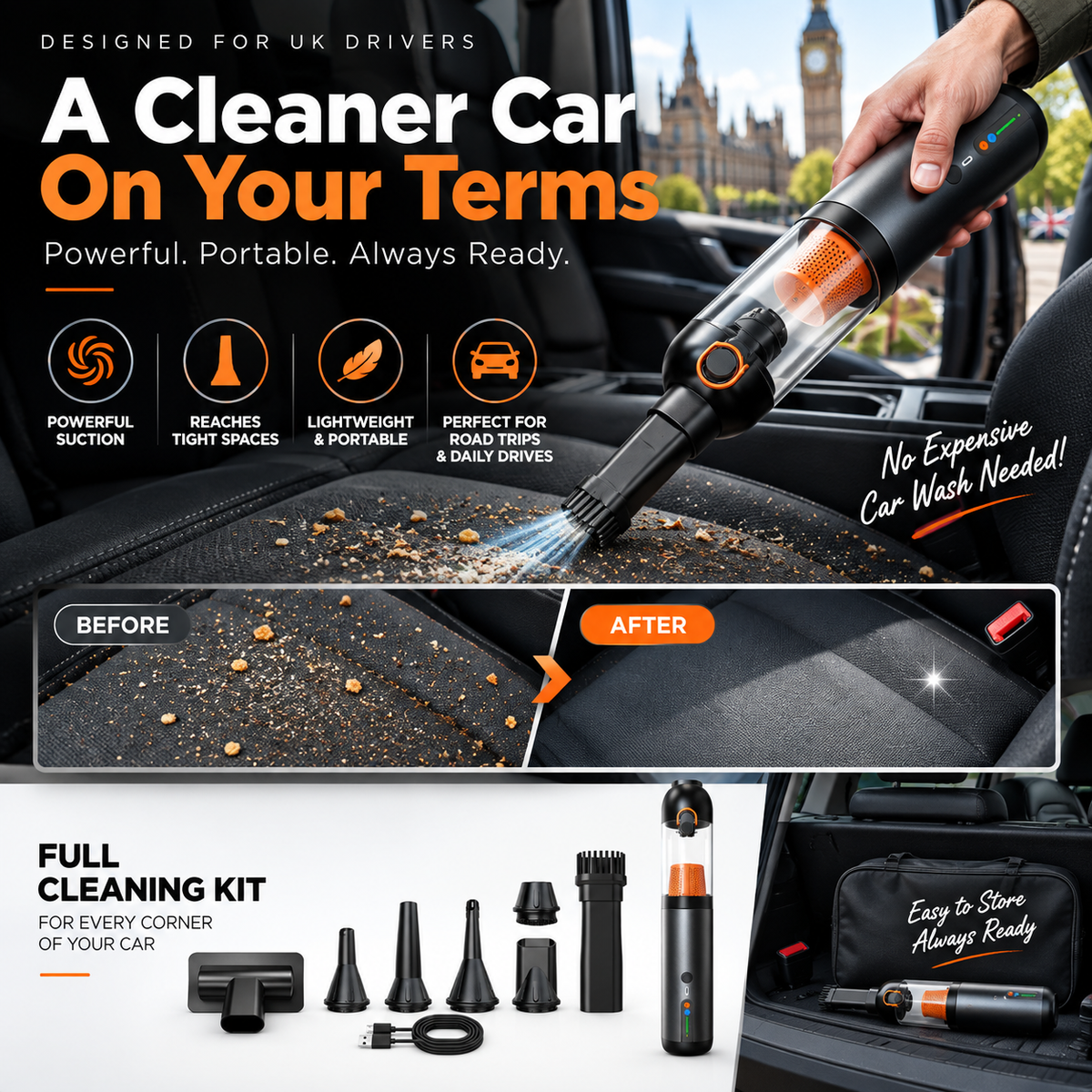🥳2026 HOT SALE🥳💞50K+ SOLD! 🚗💨 50% OFF! Portable Handheld Car Vacuum – 120W cordless, 20000Pa suction, 2-in-1 vacuum & blower. Lightweight 470g, quiet 50dB. Deep clean cars & home! 🛡️✅