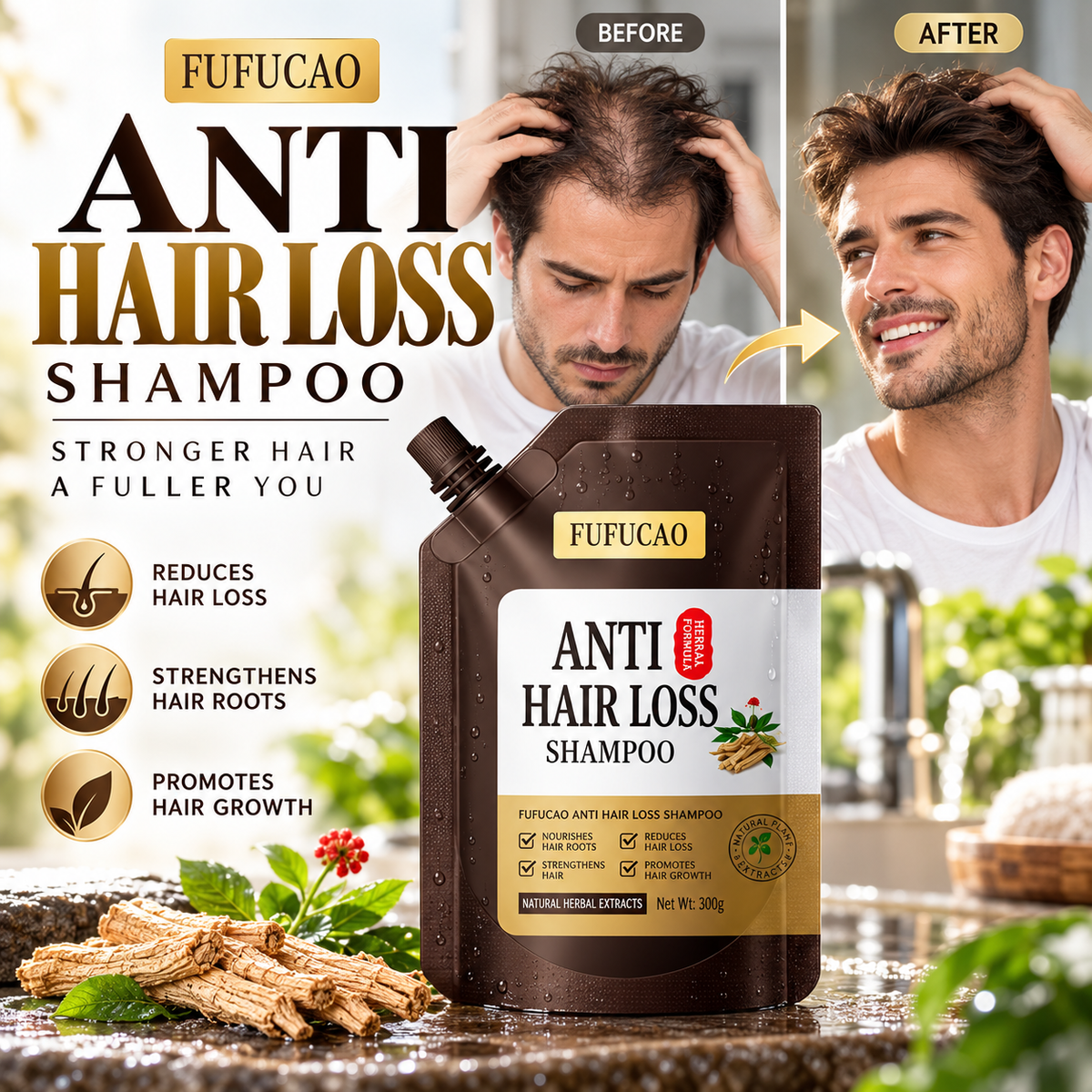 🥳2026 HOT SALE🥳💞50K+ SOLD! 🌿✨ 50% OFF! FUFUCAO Anti-Hair Loss Shampoo – natural herbal extracts nourish roots, reduce thinning & promote thicker growth. 300g! 💪💚