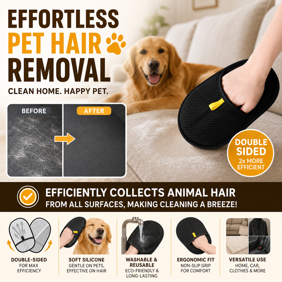 🥳2026 HOT SALE🥳💞50K+ SOLD! 🐾🧤 Pet Hair Remover Gloves – double-sided silicone bristles grab fur from sofas, clothes & carpets in seconds. Massages your pet while collecting loose hair – no more sticky rollers! 🧹✨