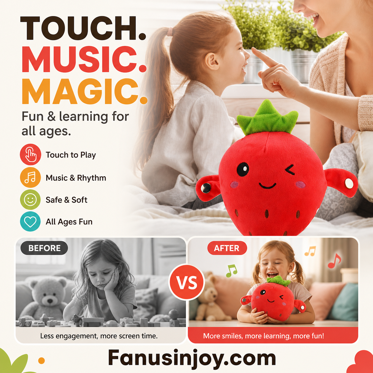 🥳2026 HOT SALE🥳💞50K+ SOLD!🍌🎵 50% OFF! Fruit Sensor Beat Interactive Doll – Tap & play – fun music & rhythms! Smart sensor responds to touch – builds musical perception in a playful way. A joyful gift for little ones! 🧸✨