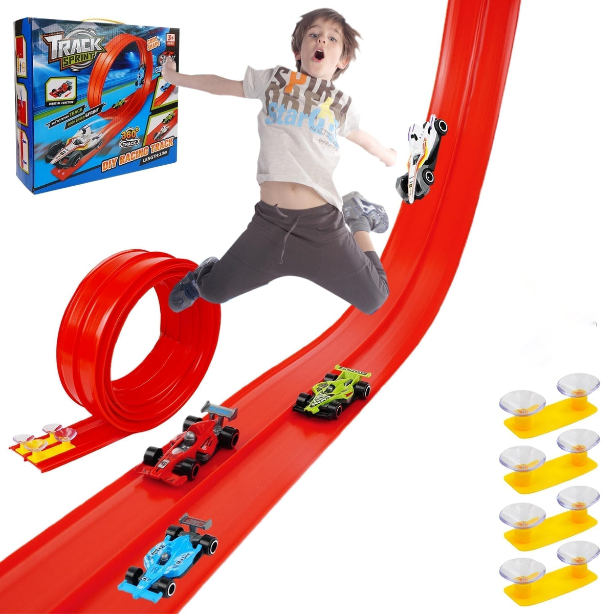 🥳2026 HOT SALE🥳💞50K+ SOLD! 🚗✨ DIY Racing Track Set – 13.1ft flexible track, suction cups & 4 alloy cars. Kids build loops & ramps, no tools needed. Screen-free fun! 🎁💪