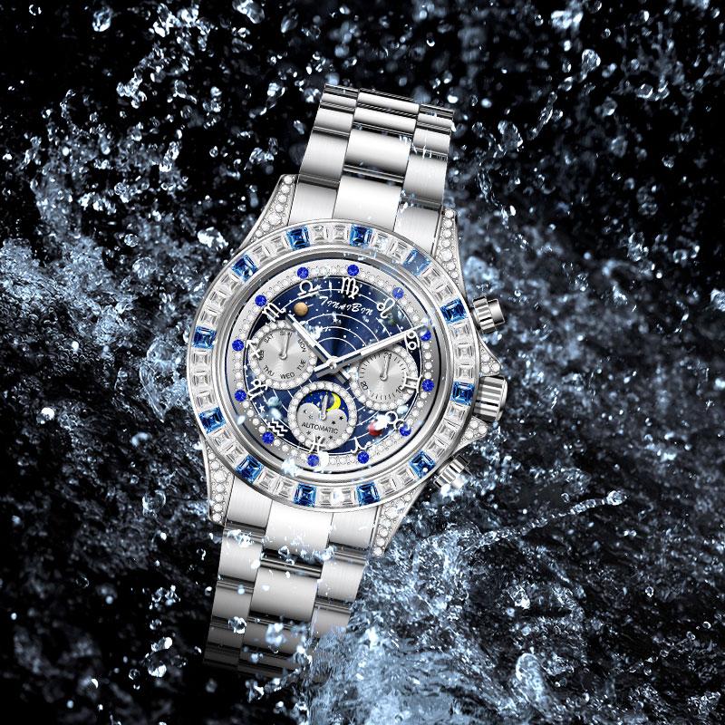 🎁TINAIBIN Twelve Zodiac Signs & Starry Sky Diamond Automatic Skeleton Men's Watch