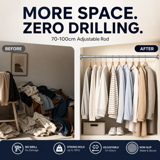 🥳2026 HOT SALE🥳💞50K+ SOLD!🔧✨ 50% OFF! Adjustable No‑Drill Tension Rod – Damage‑free install, no tools needed. Strong spring tension & non‑slip rubber ends – holds curtains, clothes & more! 🏠💪