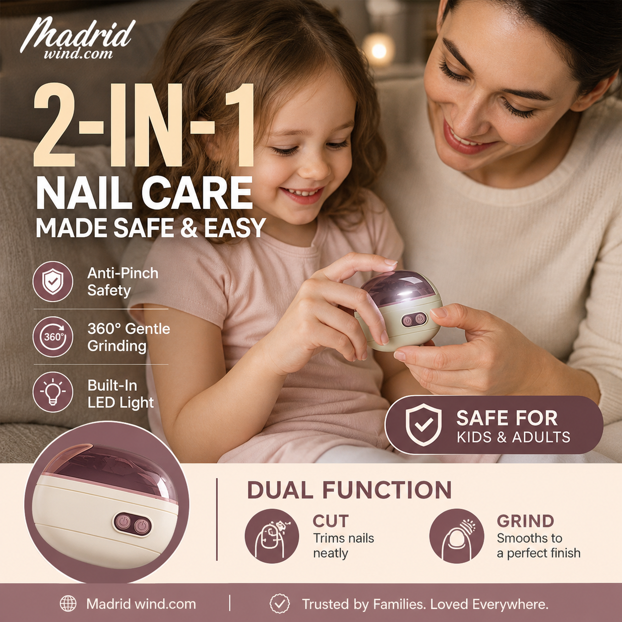 🥳2026 HOT SALE🥳💞50K+ SOLD!💅🛡️ 50% OFF! 2‑in‑1 Electric Nail Clipper & Polisher – Anti‑pinch safety stops on contact. LED light for clear view – safe for kids & seniors! ✨👵