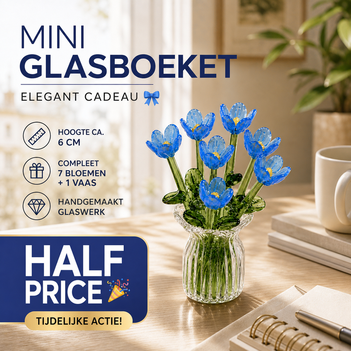 🥳2026 HOT SALE🥳💞50K+ SOLD! 🎁✨ 50% OFF! Mini Glass Bouquet – 6cm tall, 7 glass flowers + vase, never withers. Elegant gift for home & office! 🏠💚