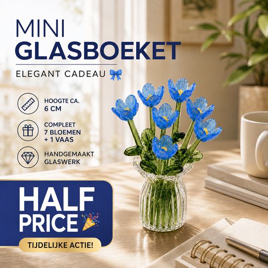 🥳2026 HOT SALE🥳💞50K+ SOLD! 🎁✨ 50% OFF! Mini Glass Bouquet – 6cm tall, 7 glass flowers + vase, never withers. Elegant gift for home & office! 🏠💚