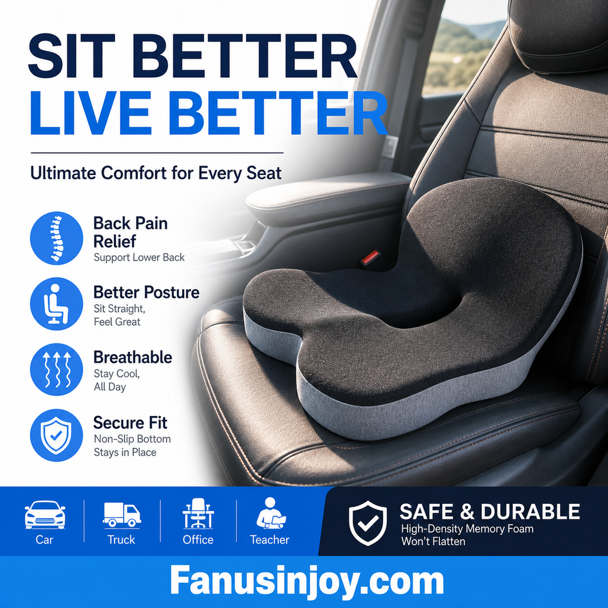 🥳2026 HOT SALE🥳💞50K+ SOLD! 🚗💺 50% OFF! Memory Foam Car Seat Cushion – orthopedic relief for tailbone & sciatica, breathable 3D mesh, anti-slip base. For cars, office & gaming chairs! 🛡️✅
