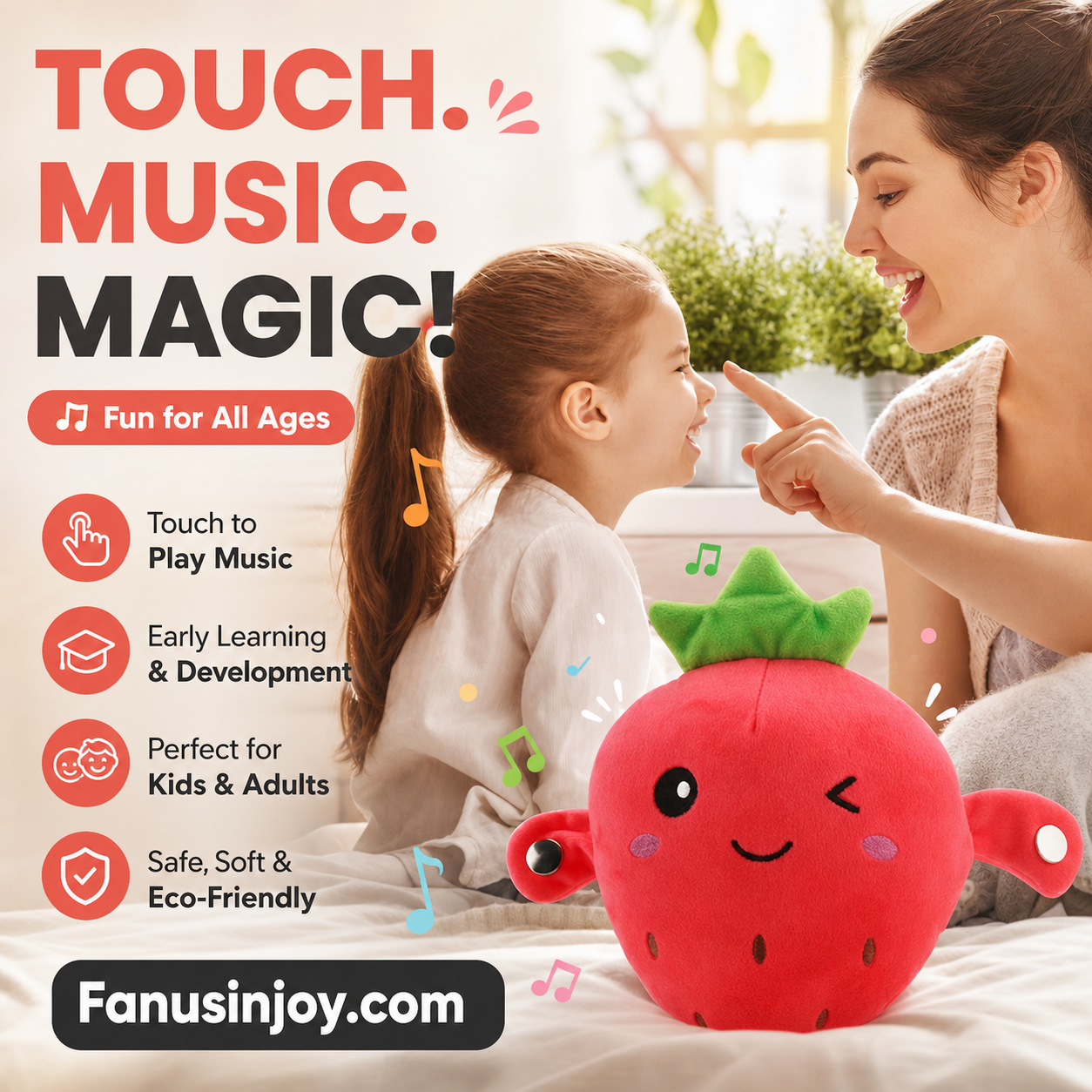 🥳2026 HOT SALE🥳💞50K+ SOLD!🍌🎵 50% OFF! Fruit Sensor Beat Interactive Doll – Tap & play – fun music & rhythms! Smart sensor responds to touch – builds musical perception in a playful way. A joyful gift for little ones! 🧸✨