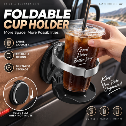 🥳2026 HOT SALE🥳💞50K+ SOLD! 🚗🥤 Foldable Car Door Cup Holder – adds extra drink space without cluttering your cabin. Folds flat when not in use, clip-on install – no drilling! Faux-leather finish fits right in! ✨💪