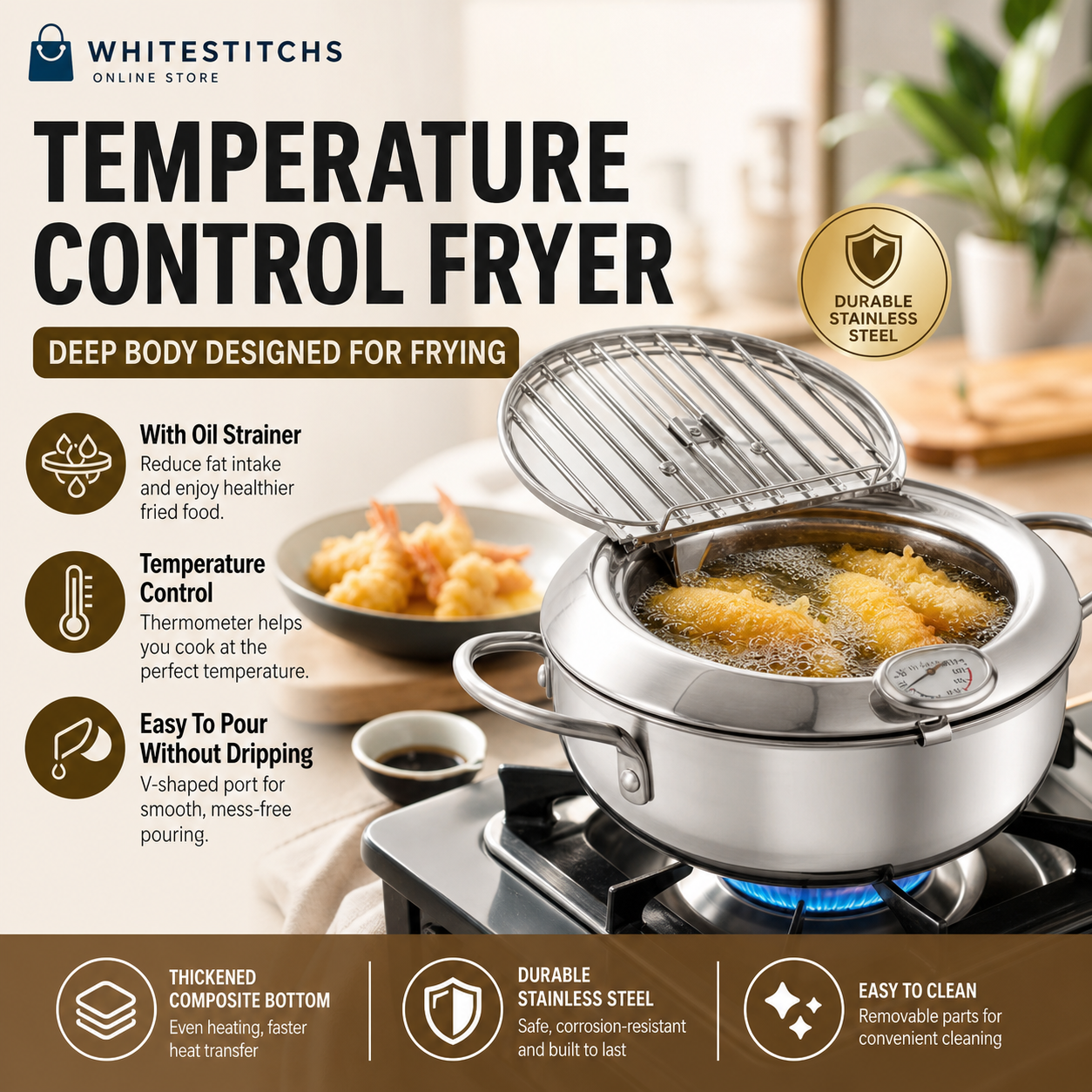 🥳2026 HOT SALE🥳💞50K+ SOLD! 🍤🔥 50% OFF! 201 Stainless Steel Tempura Fryer – Thermometer for precise oil control, removable drain rack reduces fat. Deep body, even heating – perfect crispy results every time! 🍟✨