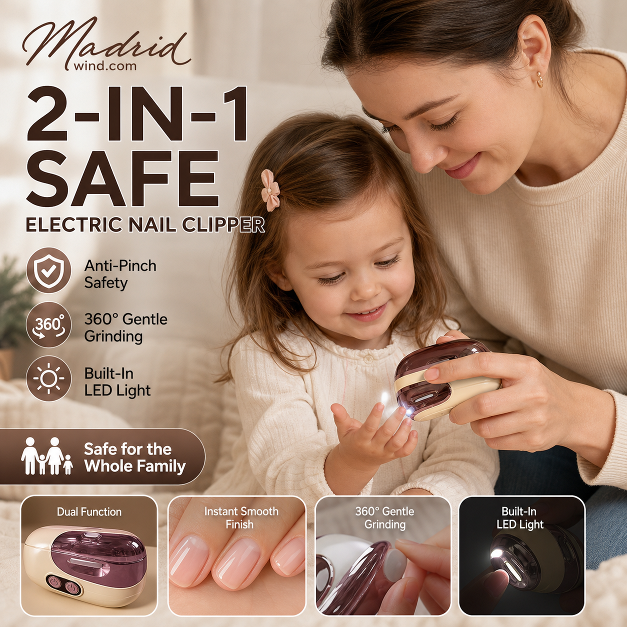 🥳2026 HOT SALE🥳💞50K+ SOLD!💅🛡️ 50% OFF! 2‑in‑1 Electric Nail Clipper & Polisher – Anti‑pinch safety stops on contact. LED light for clear view – safe for kids & seniors! ✨👵