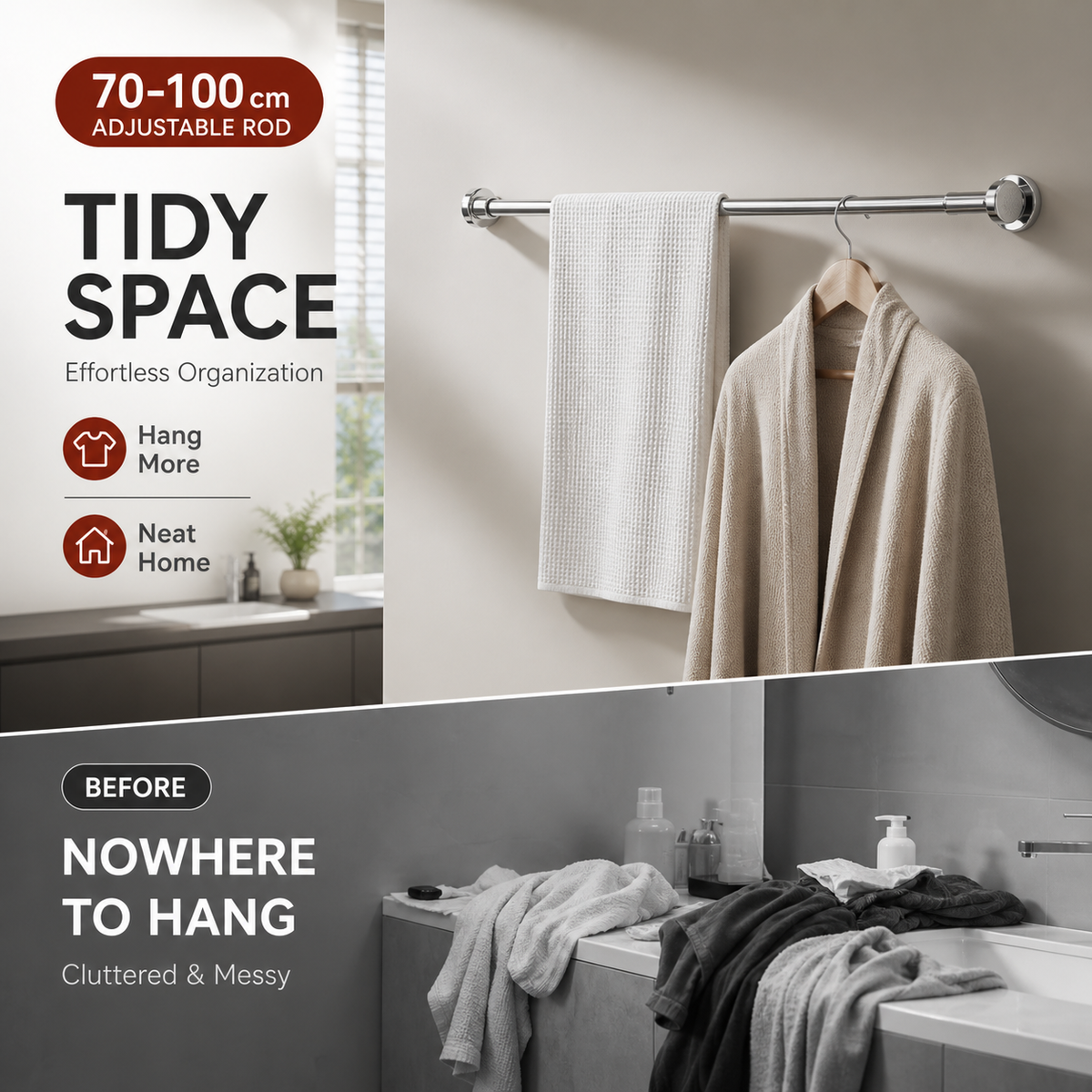 🥳2026 HOT SALE🥳💞50K+ SOLD! 🛁🔧 Adjustable Tension Rod – no drills, no screws, no wall damage! Strong internal spring holds up to 15KG. Fits 70-292cm – perfect for showers, curtains & windows! 🏠✅