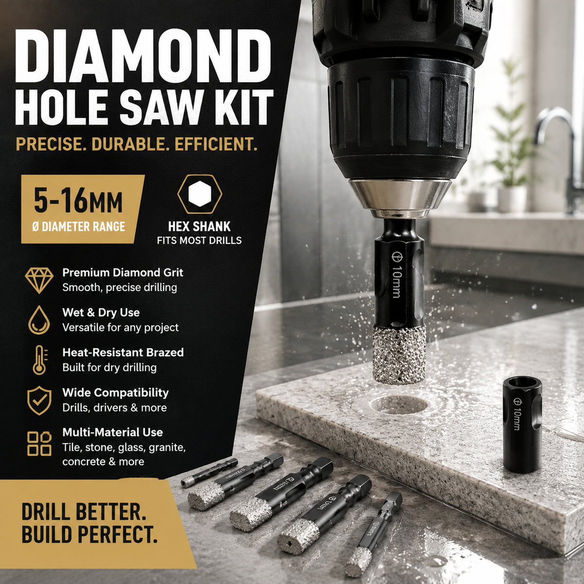 🥳2026 HOT SALE🥳💞50K+ SOLD! 💎🔧 50% OFF! Diamond Drill Bits Set – 5-16mm hex shank, dry/wet use. Cuts clean precision holes in tile, glass, granite & marble without chipping! 🛡️💪