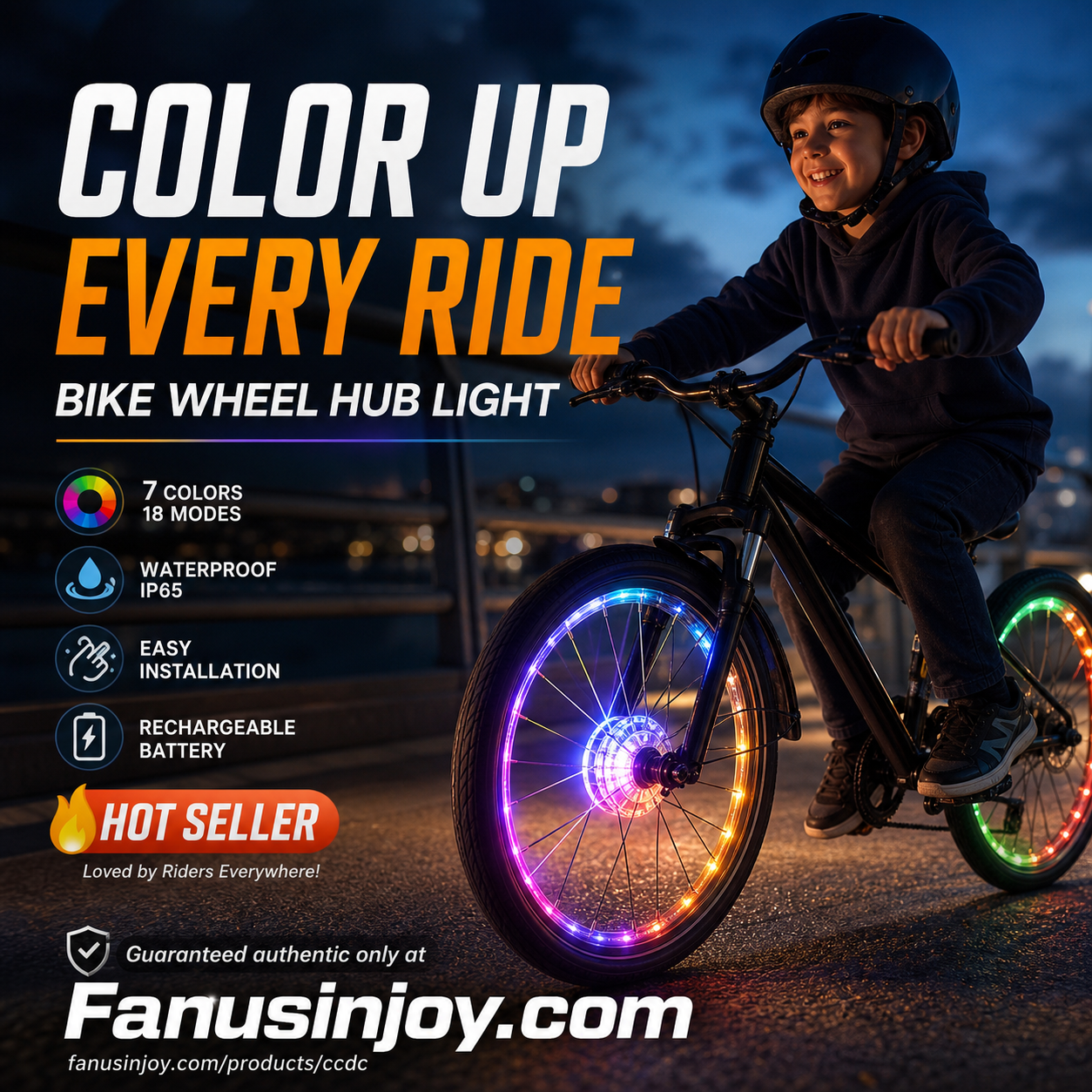 🥳2026 HOT SALE🥳💞50K+ SOLD!🚴✨ 50% OFF! Bike Wheel Hub Light – 7 vibrant colours & 18 dynamic modes. IP65 waterproof, 8‑12hr battery. Quick snap‑fit – light up your night ride! 🌙💡