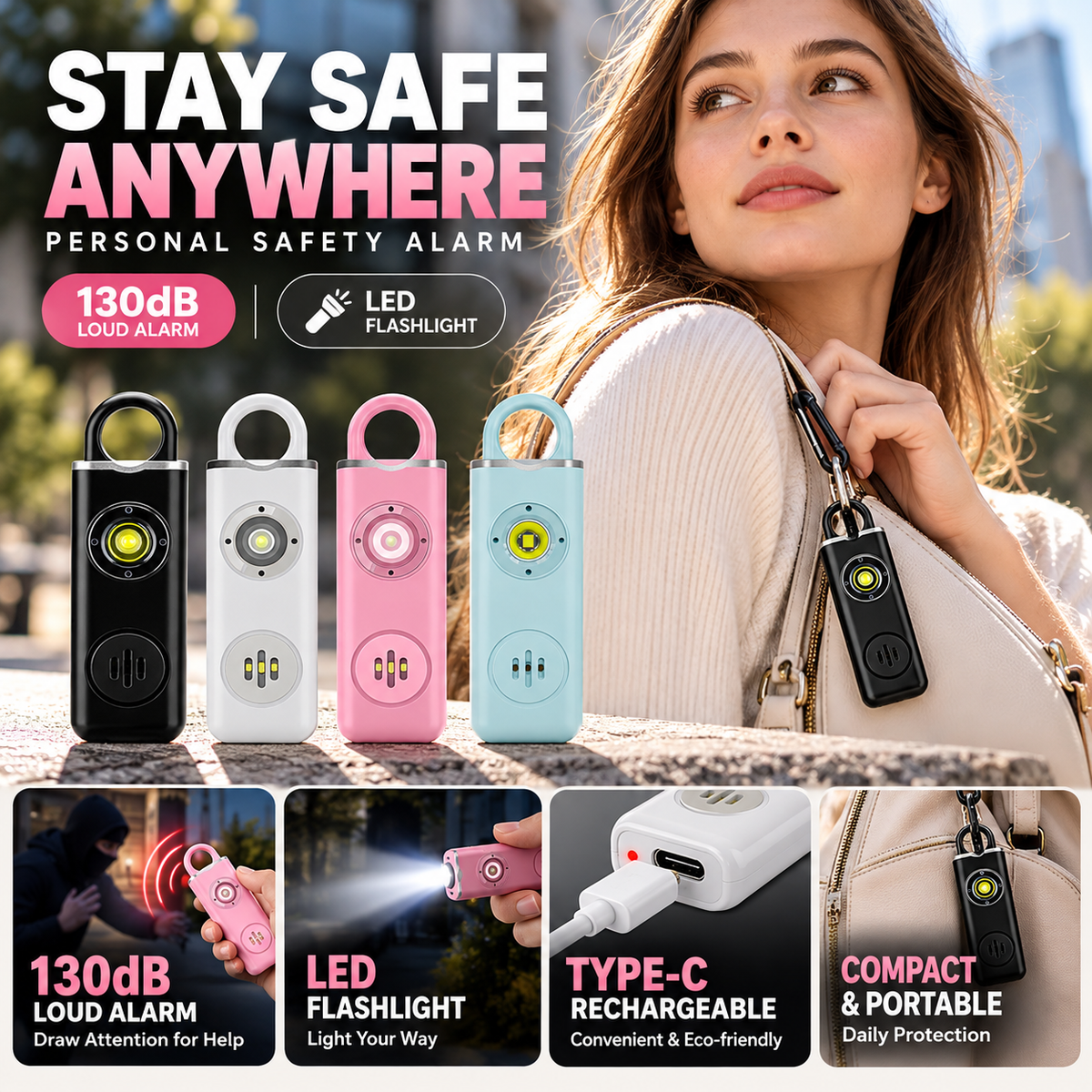 🥳2026 HOT SALE🥳💞50K+ SOLD! 🚨🛡️ 50% OFF! Personal Safety Alarm for Women – 130dB loud SOS, Type-C rechargeable, LED flashlight & strobe. Compact protection for women, elderly & children! 🔋✅