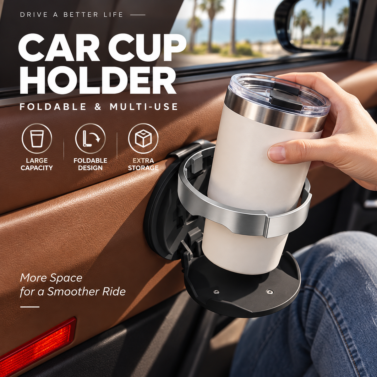 🥳2026 HOT SALE🥳💞50K+ SOLD! 🚗🥤 Foldable Car Door Cup Holder – adds extra drink space without cluttering your cabin. Folds flat when not in use, clip-on install – no drilling! Faux-leather finish fits right in! ✨💪