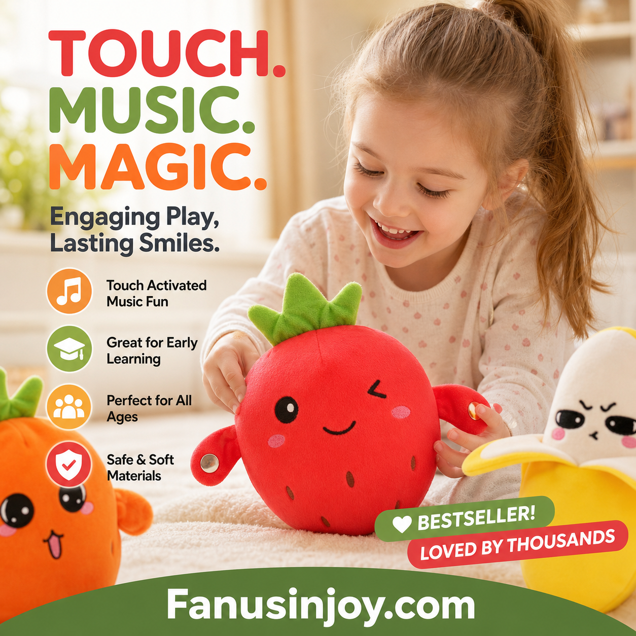 🥳2026 HOT SALE🥳💞50K+ SOLD!🍌🎵 50% OFF! Fruit Sensor Beat Interactive Doll – Tap & play – fun music & rhythms! Smart sensor responds to touch – builds musical perception in a playful way. A joyful gift for little ones! 🧸✨